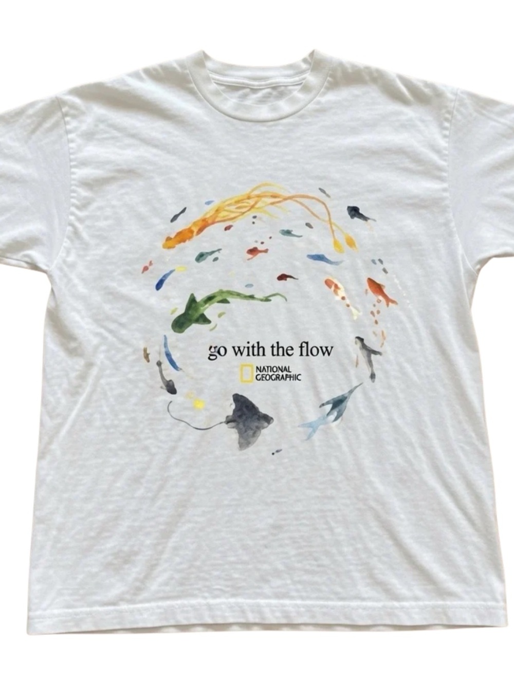 Gildan White Tee with Multicolor Aquatic Circle Graphic